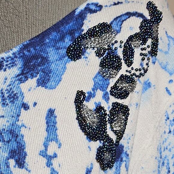 Blue Pattered Beaded Knit Top Size Large - Picture 4 of 4
